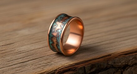 Obraz premium Copper Ring With Turquoise Patina Effect Placed on Rustic Wooden Surface