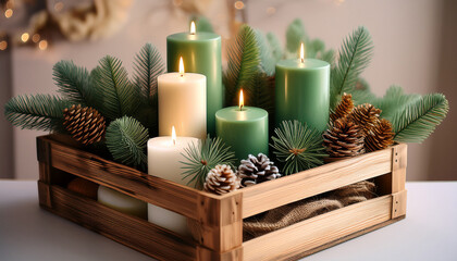 elegant christmas decor rustic wooden crate with green and ivory candles decorative candles in crate pine branches and firewood