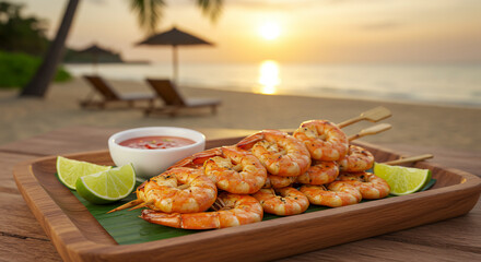 Grilled shrimp skewers with fresh lime wedges and spicy sauce on a rustic tray at the beach.
