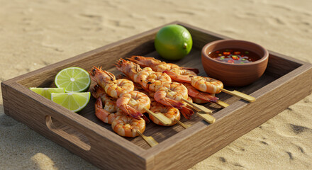Grilled shrimp skewers with fresh lime wedges and spicy sauce on a rustic tray at the beach.