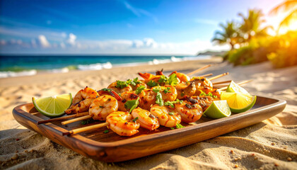 Grilled shrimp skewers with fresh lime wedges and spicy sauce on a rustic tray at the beach.