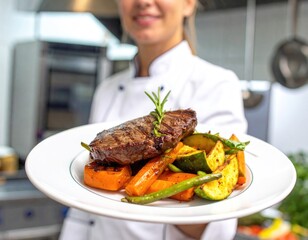 Chef presenting a cooked steak with vegetables