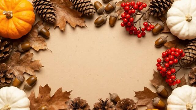 Fallthemed border with pumpkins pine cones berries acorns and leaves on a tan background
