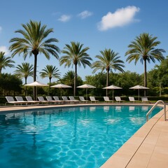 Relaxing Poolside Retreat with Palm Trees and Clear Blue Sky