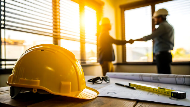 Two construction professionals shaking hands in agreement with safety helmet and blueprints on table - Powered by Adobe