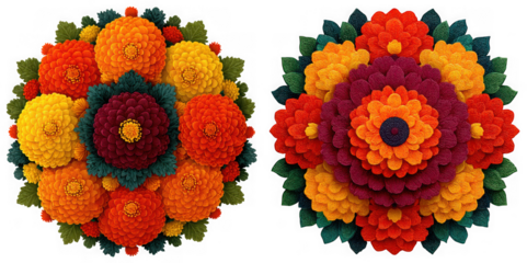 Intricate marigold floral designs in rich autumnal colors on white isolated on transparent background