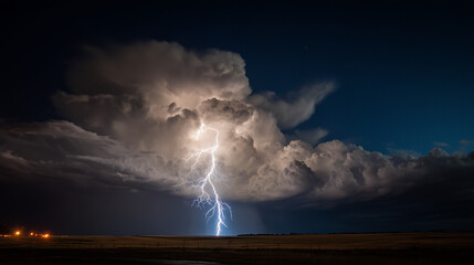 Night time thunderstorm with single lightning bolt hitting the ground