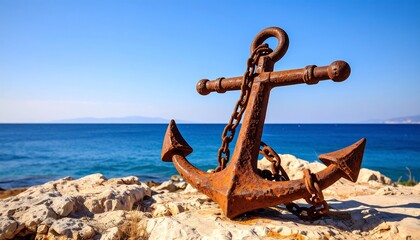 Fototapeta premium Rusty anchor on rocky shore