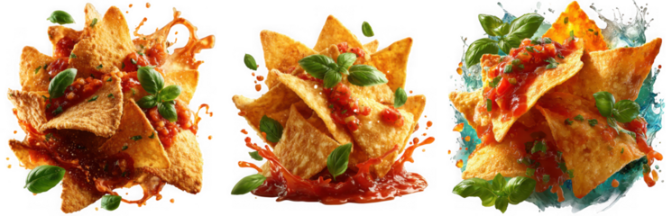 Three piles of nachos with salsa and basil are splashing isolated on transparent background