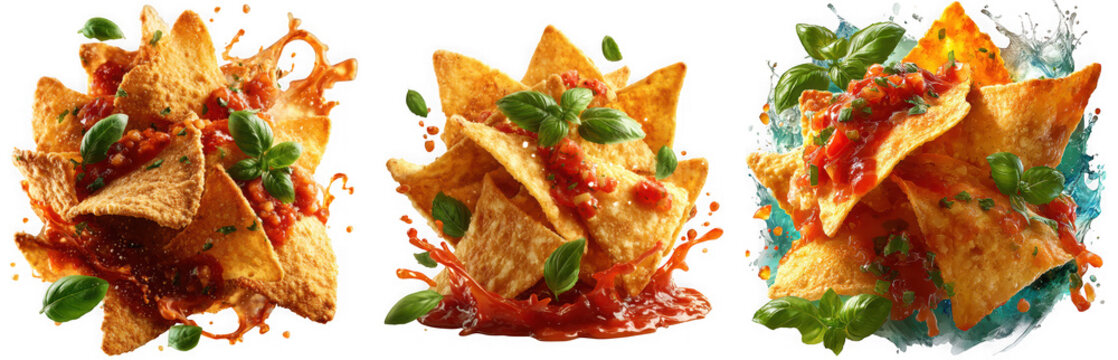 Three piles of nachos with salsa and basil are splashing isolated on transparent background - Powered by Adobe