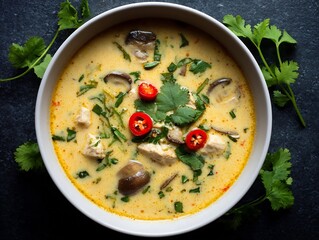 Thai coconut soup Tom Kha mushrooms chicken and herbs in a white bowl garnished with cilantro and chili slices bright top view