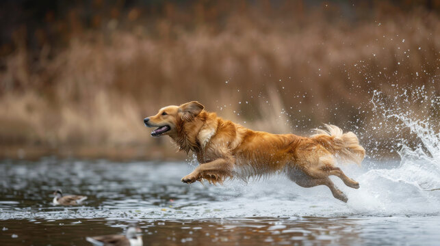 A golden retriever leaps energetically into clear water, hunting ducks with focused eyes and wet fur, capturing motion, joy, and the thrill of the chase in a sunlit natural setting...