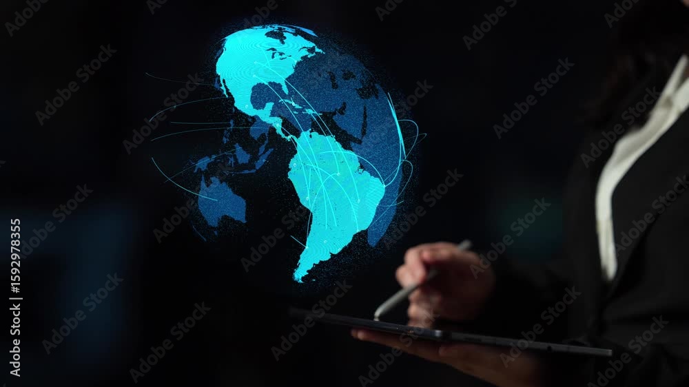 Poster global network connection visualization showing data exchange, digital link, worldwide communication