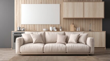 Beige couch in a modern wooden kitchen
