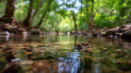 Crystal clear stream water reflecting the forest floor.