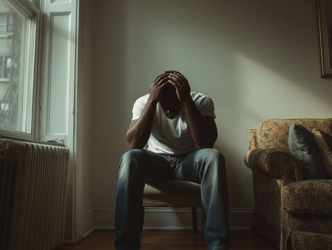 Young adult man in sadness and depression sitting alone in dimly lit room, arms crossed, male loneliness epidemic