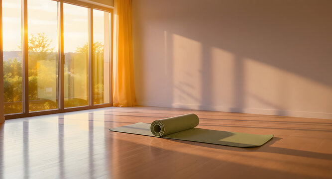 Minimalist yoga studio with mat and golden morning light.