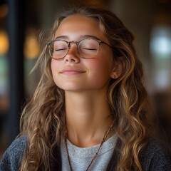 Obraz premium Portrait of a young woman with glasses meditating for wellness and relaxation with eyes closed outside
