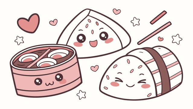 Cute cartoon Asian food illustration with dim sum, sushi, and decorative elements.