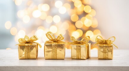 Four gold gift boxes arranged on a light-colored surface against a blurred holiday background