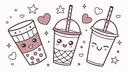 Three adorable cartoon bubble tea cups with smiling faces, hearts, and stars.