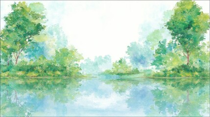 Tranquil watercolor landscape of a serene lake and trees.