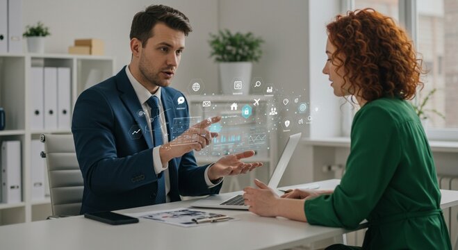 Business professionals discussing data in office