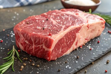 Freshly Cut Beef Steak on a Slate Board Garnished With Herbs and Spices