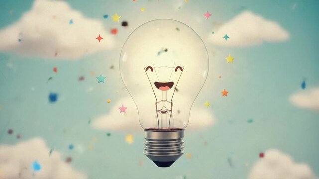 Cheerful animated light bulb with happy face floating in sky with clouds and colorful falling glitter, representing bright idea concept footage.