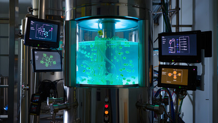 Biotechnology Research:  Modern Lab Equipment with Glowing Green Fluid and Network Diagrams on Monitors