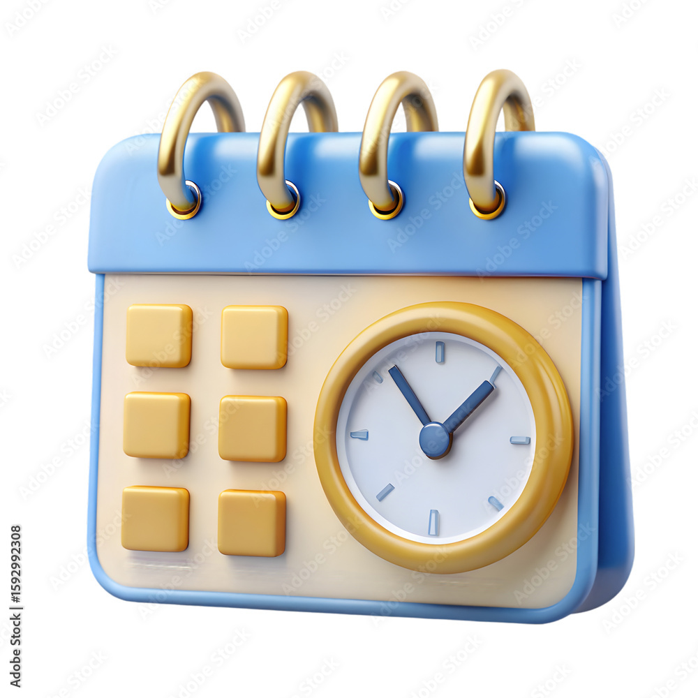 Poster calendar date with time clock front view 3d illustration rendering icon transparent background
