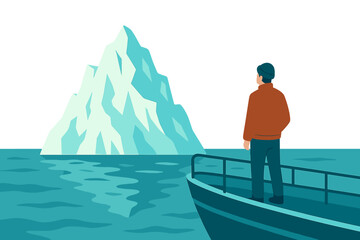 Obraz premium The concept of business risk is illustrated by a businessman navigating a paper boat near an iceberg, embodying danger, challenge, and courage
