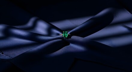 Elegant gemstone ring on dark blue fabric with a satin texture illuminated by focused light creating a luxury and sophisticated feel