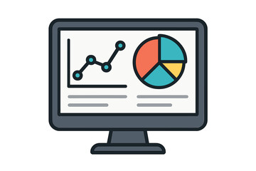 Computer monitor dashboard displays financial analytic chart graphs as a flat icon