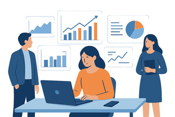 Man and woman analyzing data on laptop, represented in a flat isometric vector illustration of people characters working with digital data analysis
