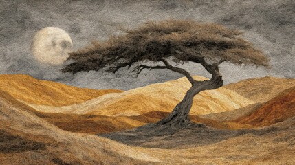 Solitary tree in a golden landscape under a pale moon.