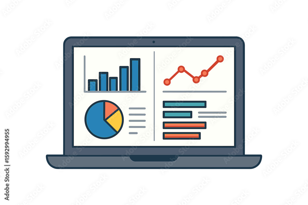 Poster laptop displaying a business analysis application with a dashboard providing perspective on key perf