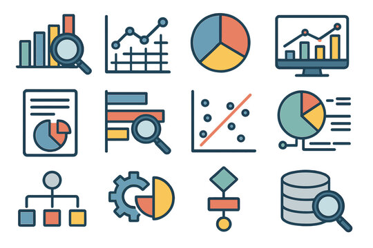 This set of vector line icons is related to data analysis and includes icons for big data, processing, performance, and more, with editable stroke and 64x64 pixel perfect resolution