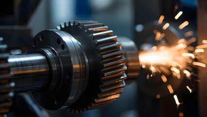 Gear manufacturing process close up shot of metal gear grinding with sparks flying out
