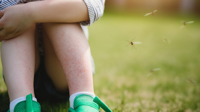 Close-up of a child&rsquo;s legs covered in mosquito bites while sitting on the grass.