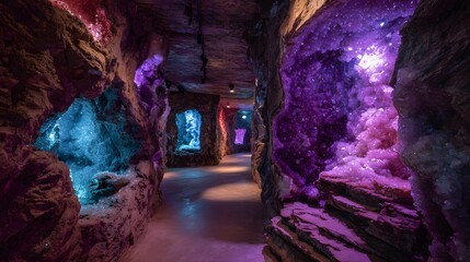 Explore the magical crystal cave tunnel with amethyst and quartz geodes tour