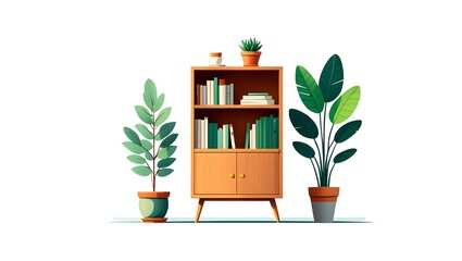 Modern bookshelf with plants illustration for home decor and interior design ideas