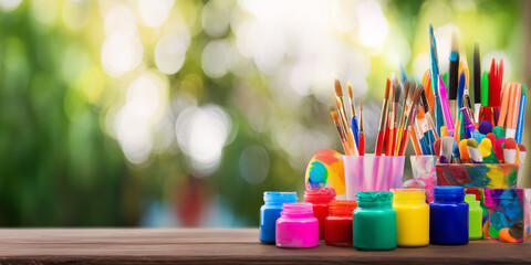 Assorted colorful art supplies, including paintbrushes and jars of paint, arranged on a wooden table outdoors.