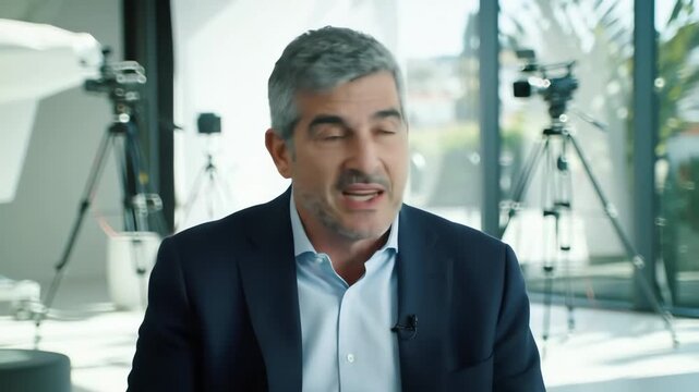 Confident mature businessman in a suit speaking during a professional video interview in a studio setting