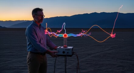 Caucasian young male with plasma globe in desert at sunset with mountains
