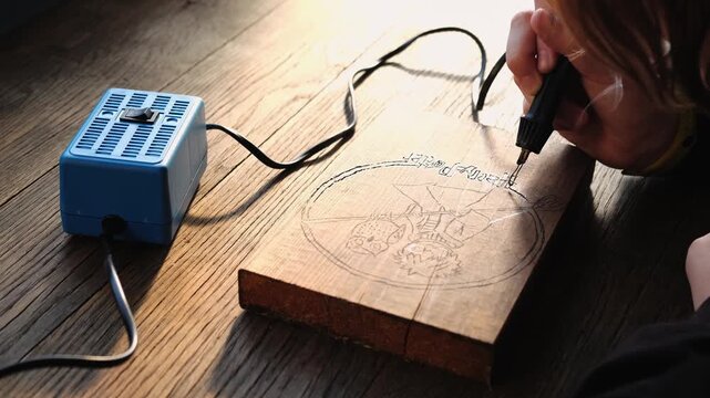 Burn out the picture. Woodburning or pyrography. An artist drawing on a wooden plank with pyrograph. Wood burning ASMR creative hobby. Art class workshop. Creative activity. High quality 4k footage.
