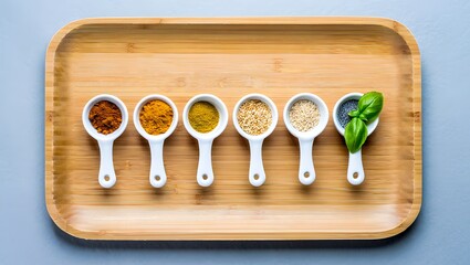 Various spices and herbs on wooden tray for cooking and culinary arts concept shot