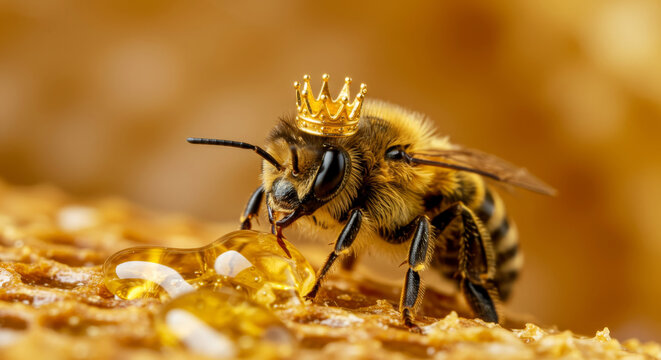 A close-up of a beautiful queen bee in a golden crown, sitting on a frame of honeycombs filled with fresh amber honey.