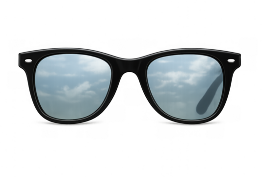 Black sunglasses reflecting cloudy sky, capturing summer mood against transparent backdrop, showcasing sleek eyewear design