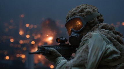 Obraz premium Double exposure of hollow-eyed soldier in night bombing scene for conceptual design